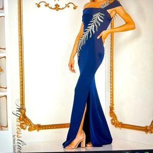 Terani Couture Navy Evening Gown-off the shoulder